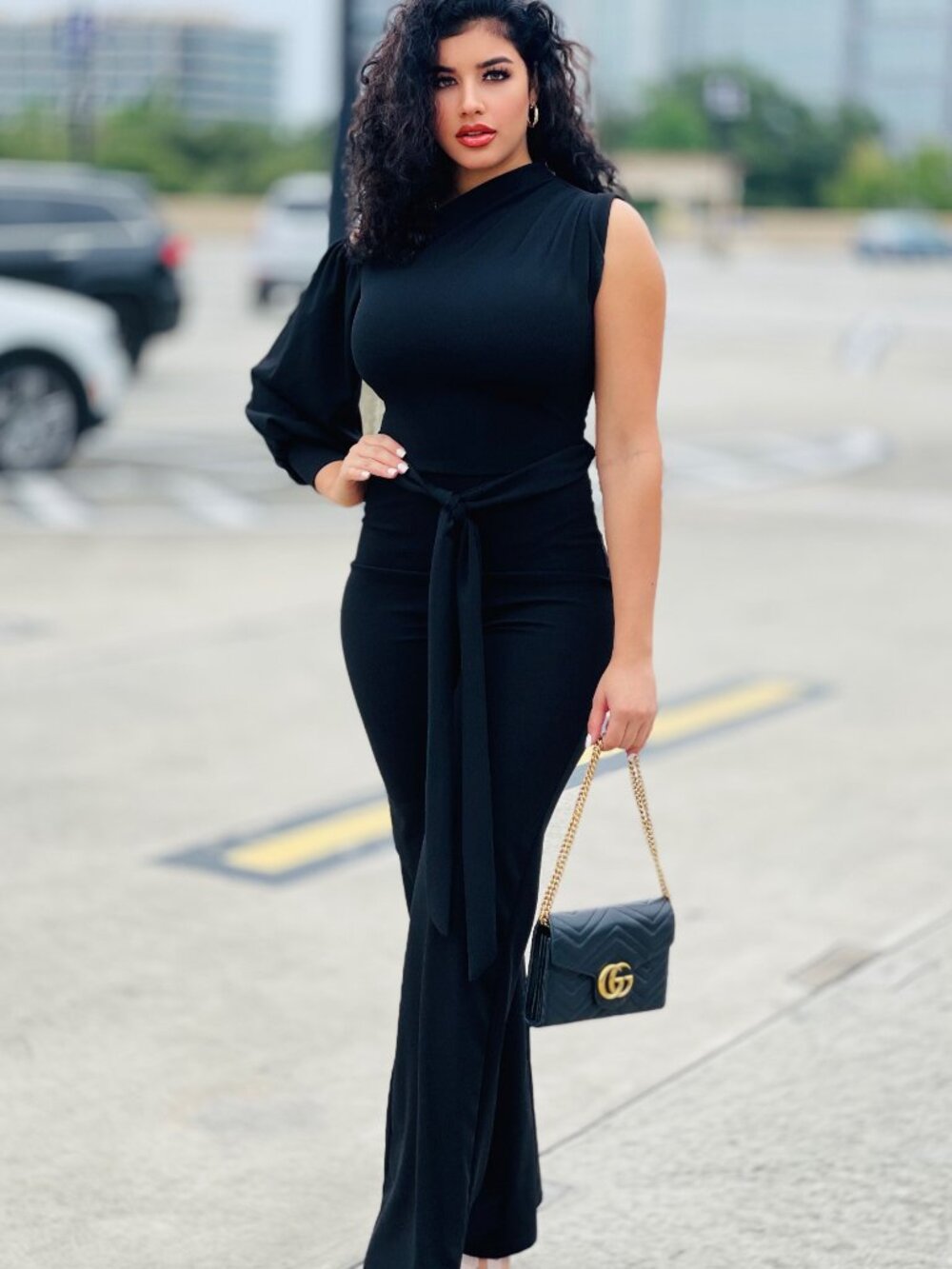 Black One Shoulder Jumpsuit Women’s Belted Wide Leg Elegant Evening Outfit S M L - Picture 4 of 4